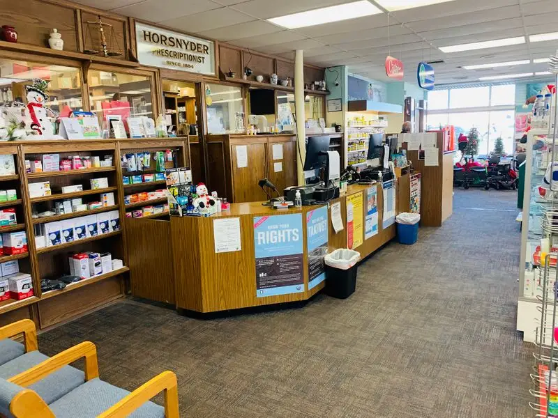 Prescription counter inside Horsnyder Pharmacy