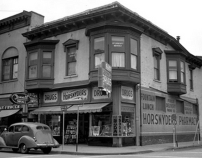 Historic Horsnyder Pharmacy storefront on Soquel Avenue